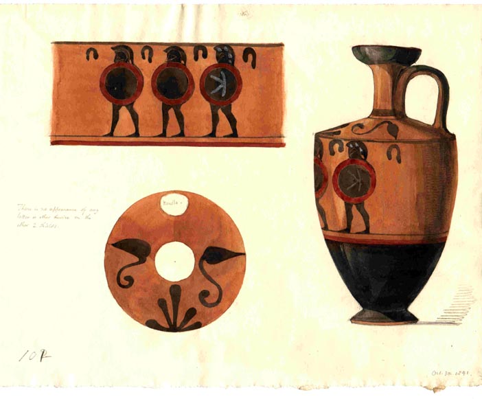 102 lekythos; detail of three men with shields